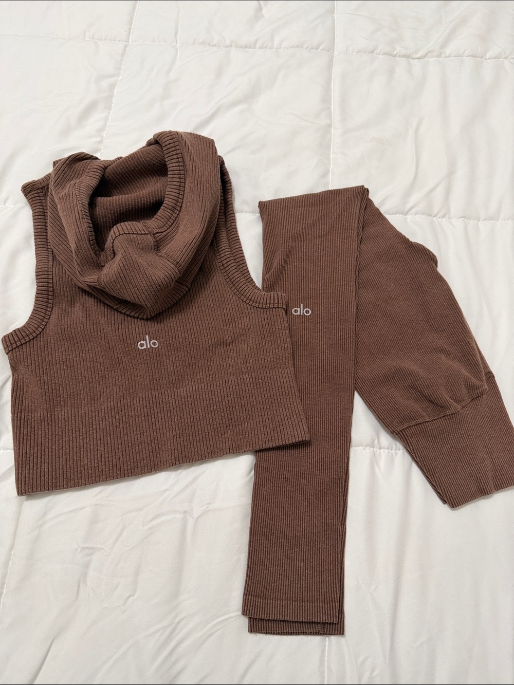 ALO Yoga Ribbed Cropped Cowl Tank & Sleeve Set in Brown